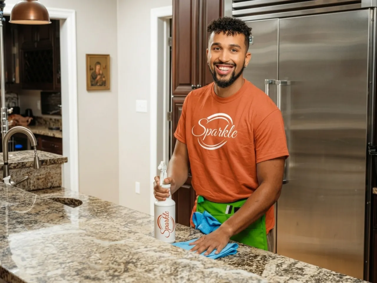 Sparkle professional wiping surfaces and glass during a window cleaning add-on in DFW