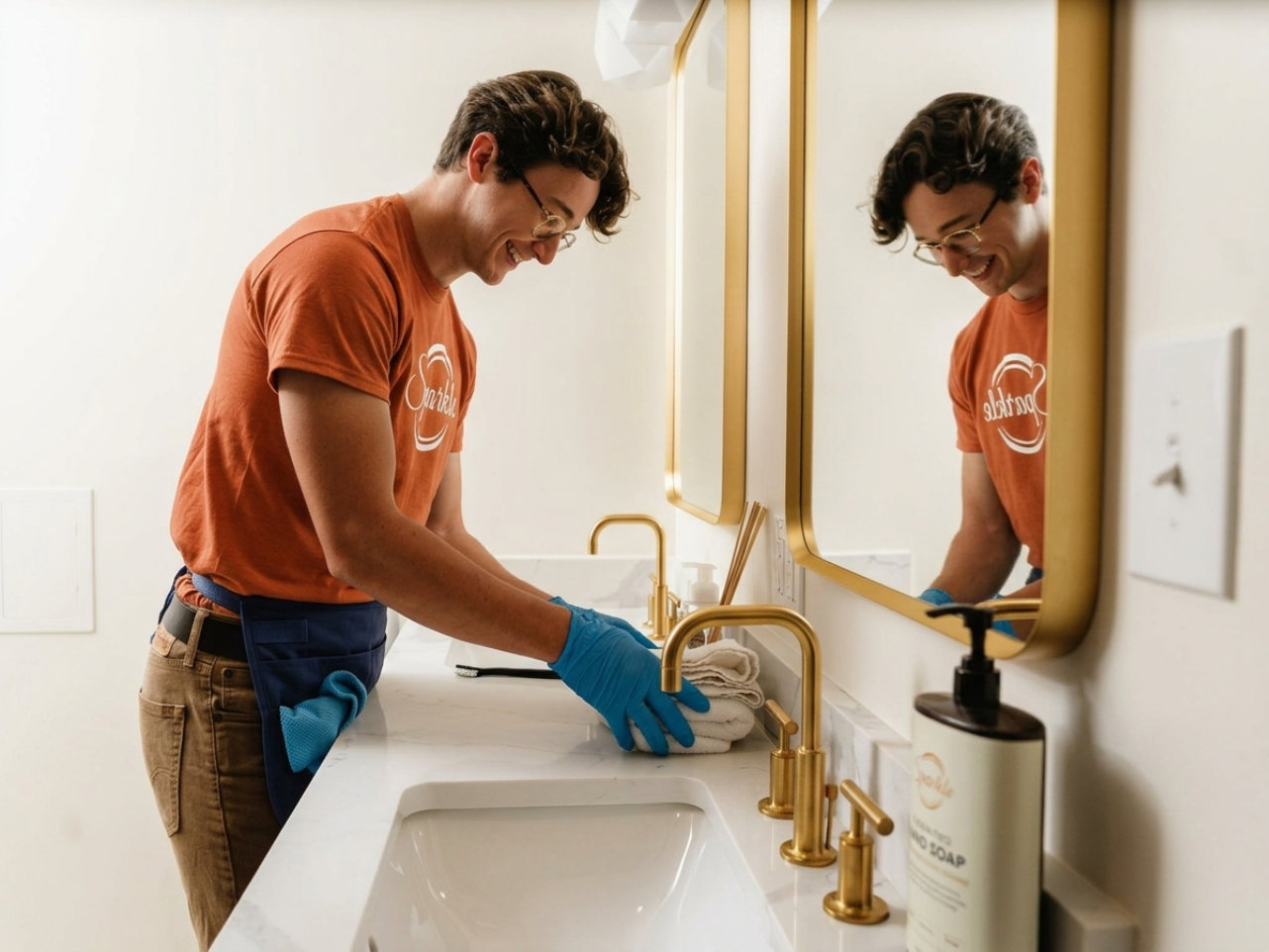 Sparkle professional detailing a commercial bathroom vanity